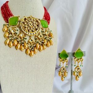 Gold-Tone Kundan Necklace Set with Green Enamel Accents